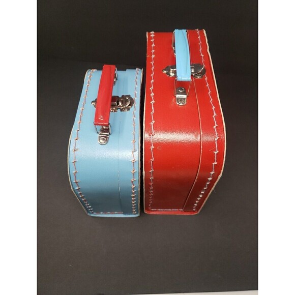 Two European Mini Suitcases for Toys or Doll Clothes Red Blue Metal Handle Clasp - Picture 6 of 16
